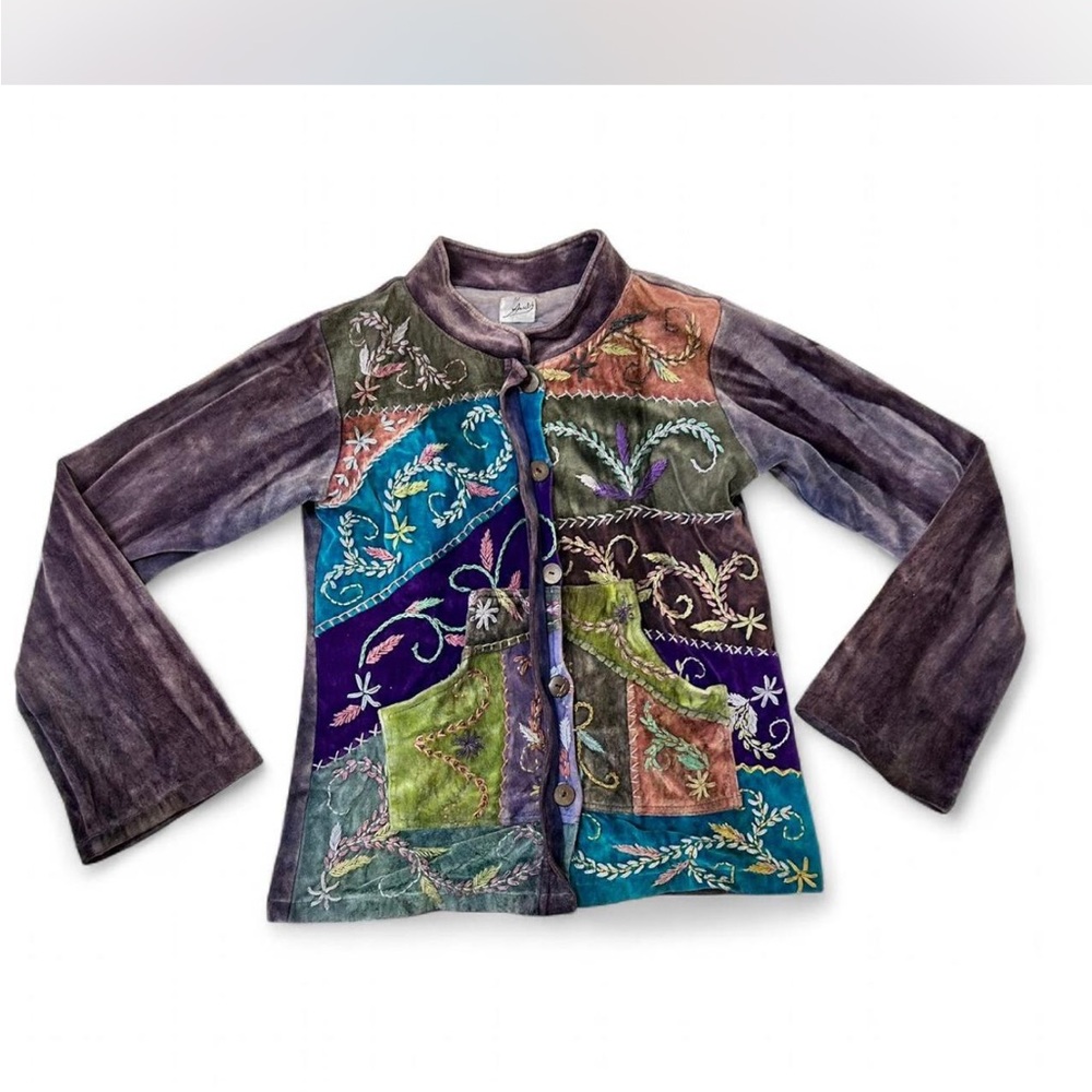 vintage Y2K velvety velour patchwork embroidered button up jacket